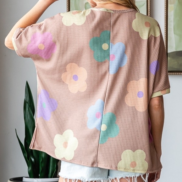 HOPELY Full Size Floral Round Neck Side Slit Waffle T-Shirt - Picture 2 of 2